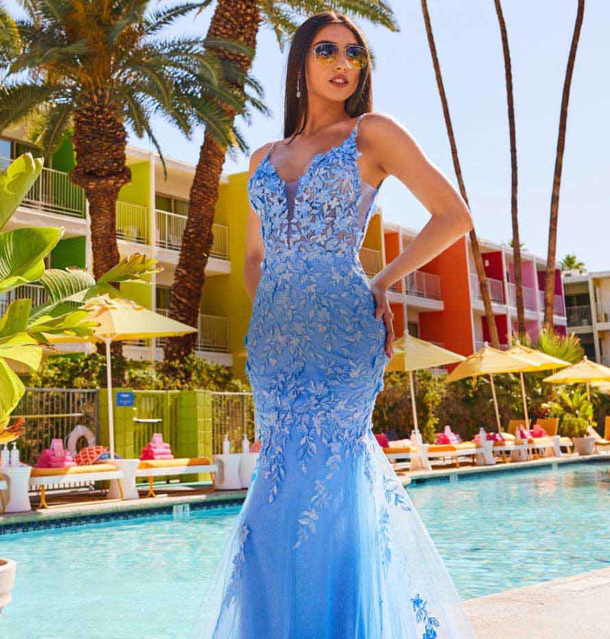 Model wearing a blue color dress
