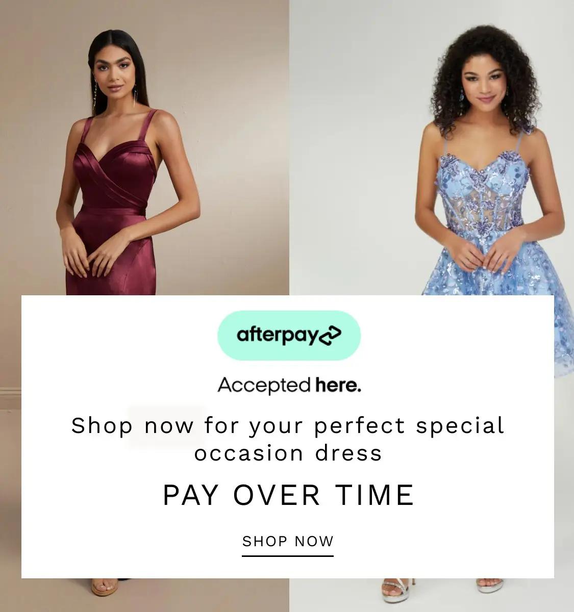 AfterPay banner for Dublin Formals. Models wearing special occasion dresses. Shop today!